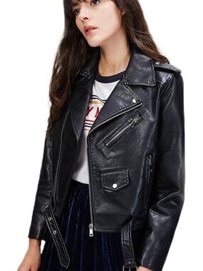 Classic Black Faux Leather Moto Jacket - Women's Biker Style